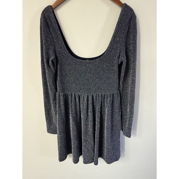 Free People Size S Metallic Navy Skater Mini Babydoll Party Dress Long Sleeve - Picture 1 of 11